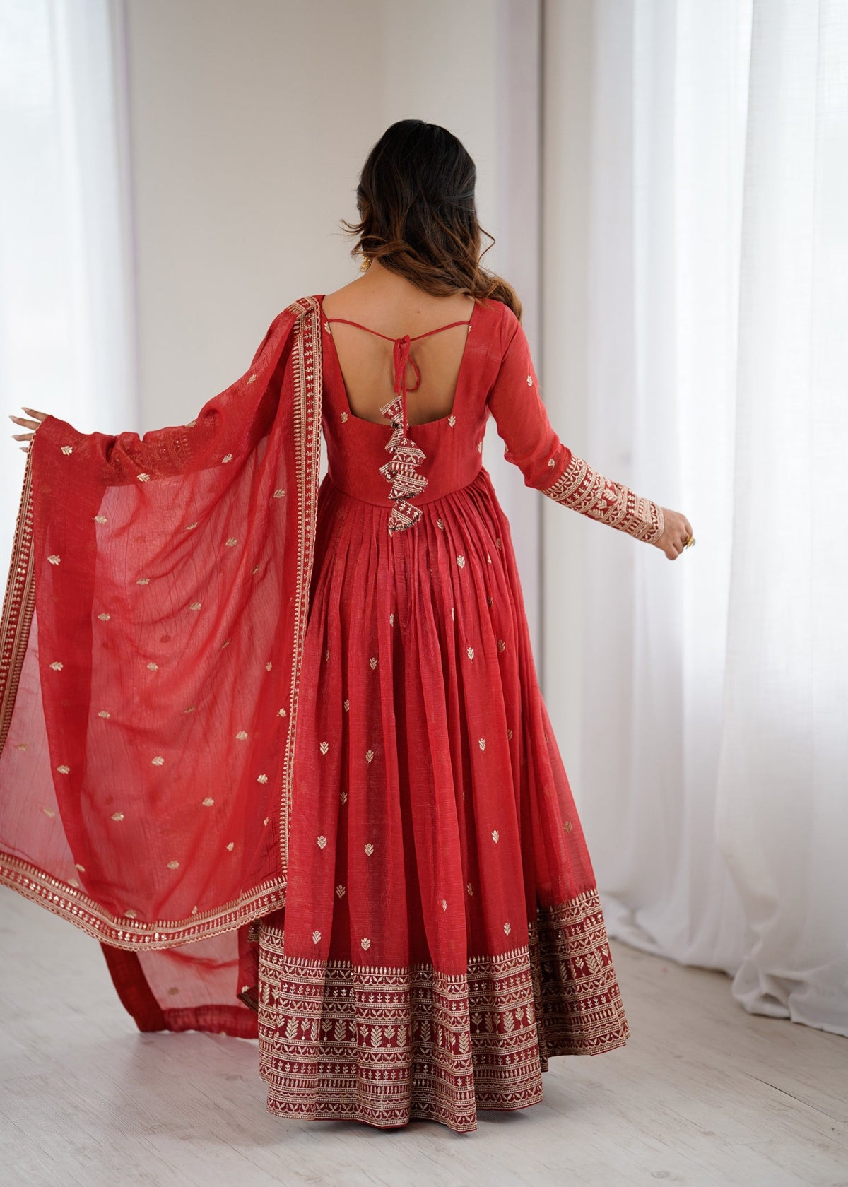 Lorenvalley Fashion Rust Crunchy Silk Embroidery Jari and Sequence Work Anarkali Gown with Dupatta | Grocsy