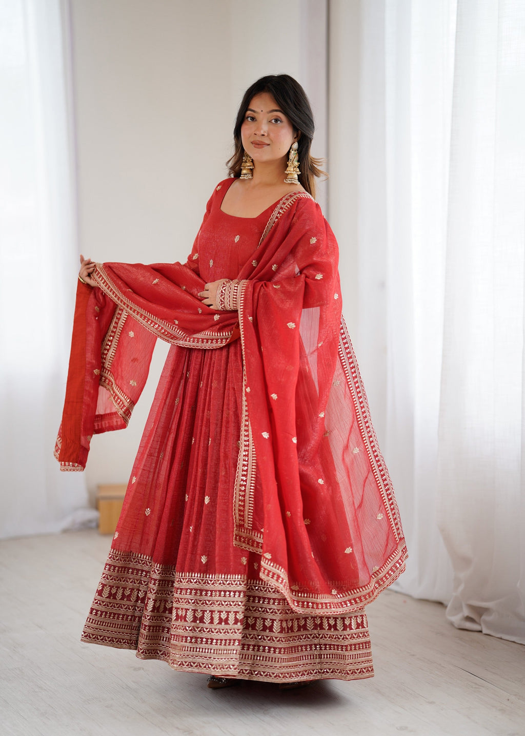 Lorenvalley Fashion Rust Crunchy Silk Embroidery Jari and Sequence Work Anarkali Gown with Dupatta | Grocsy