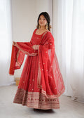 Lorenvalley Fashion Rust Crunchy Silk Embroidery Jari and Sequence Work Anarkali Gown with Dupatta | Grocsy