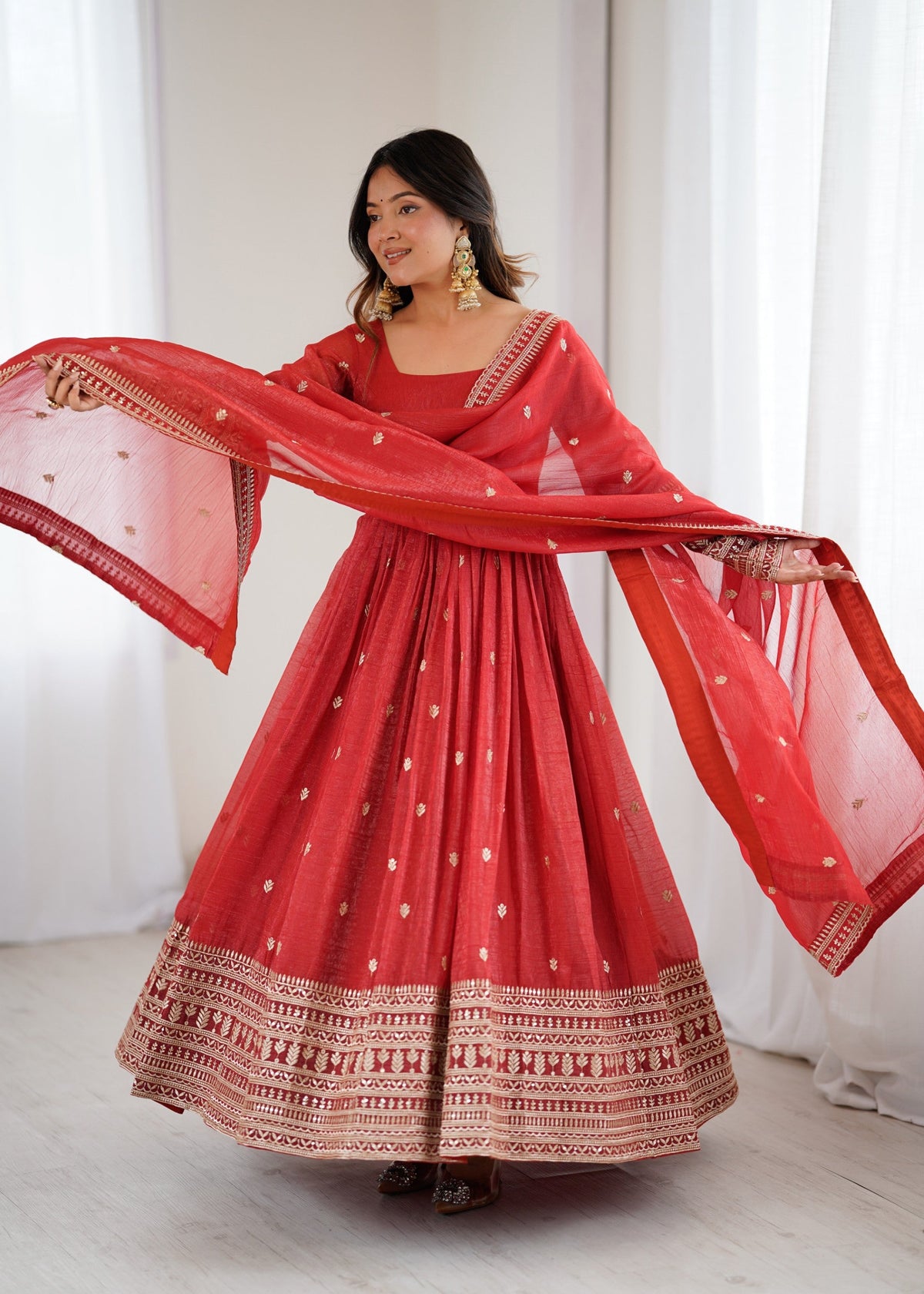 Lorenvalley Fashion Rust Crunchy Silk Embroidery Jari and Sequence Work Anarkali Gown with Dupatta | Grocsy