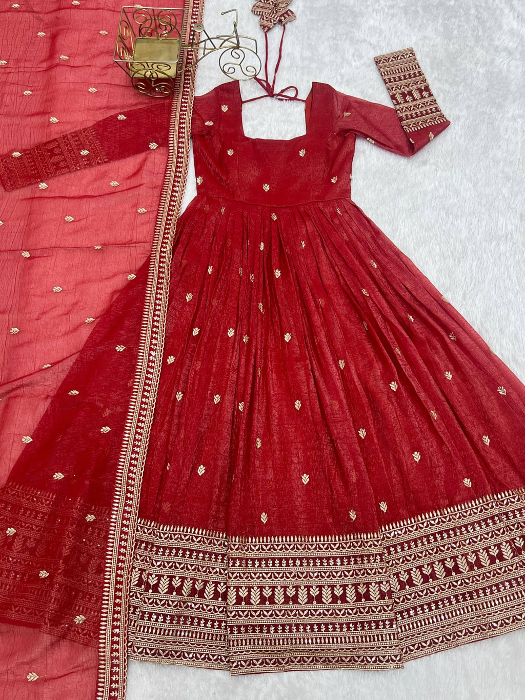 Lorenvalley Fashion Rust Crunchy Silk Embroidery Jari and Sequence Work Anarkali Gown with Dupatta | Grocsy