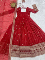 Lorenvalley Fashion Rust Crunchy Silk Embroidery Jari and Sequence Work Anarkali Gown with Dupatta | Grocsy