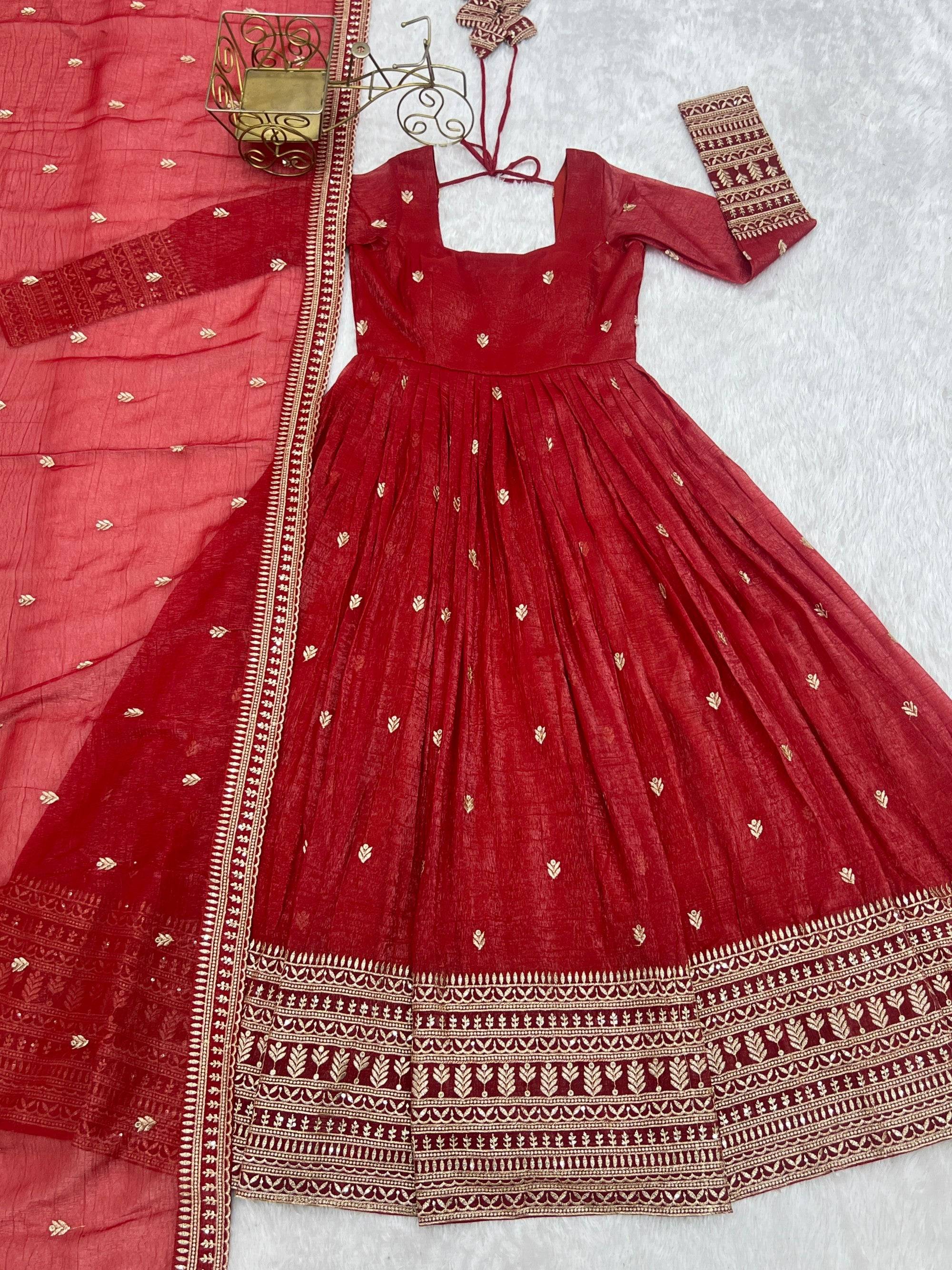 Lorenvalley Fashion Rust Crunchy Silk Embroidery Jari and Sequence Work Anarkali Gown with Dupatta | Grocsy