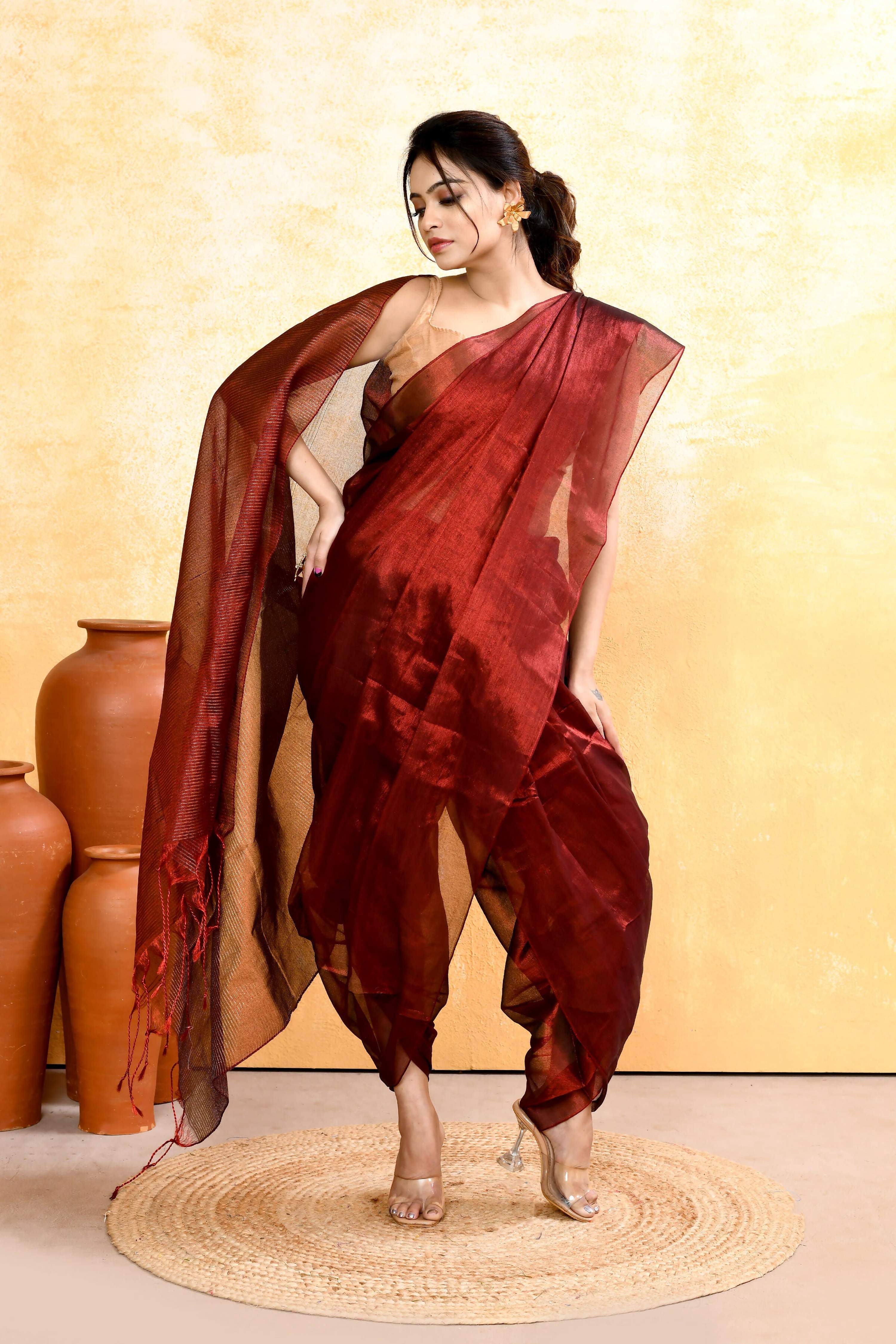 Piyari Fashion Women's Maroon Dual Tone Organic Tissue Saree With Blouse Piece | Grocsy
