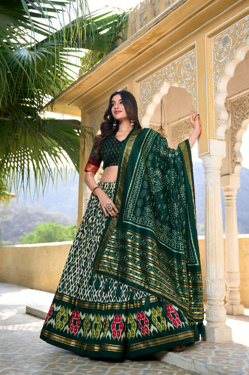 Vastranavya Designer Ikkat Print With Foil Work Lehenga Choli - Green | Grocsy