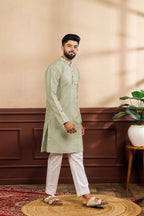 Pista Art Silk Digital Printed, Embroidery Work Kurta Set - Mahotsav | Grocsy