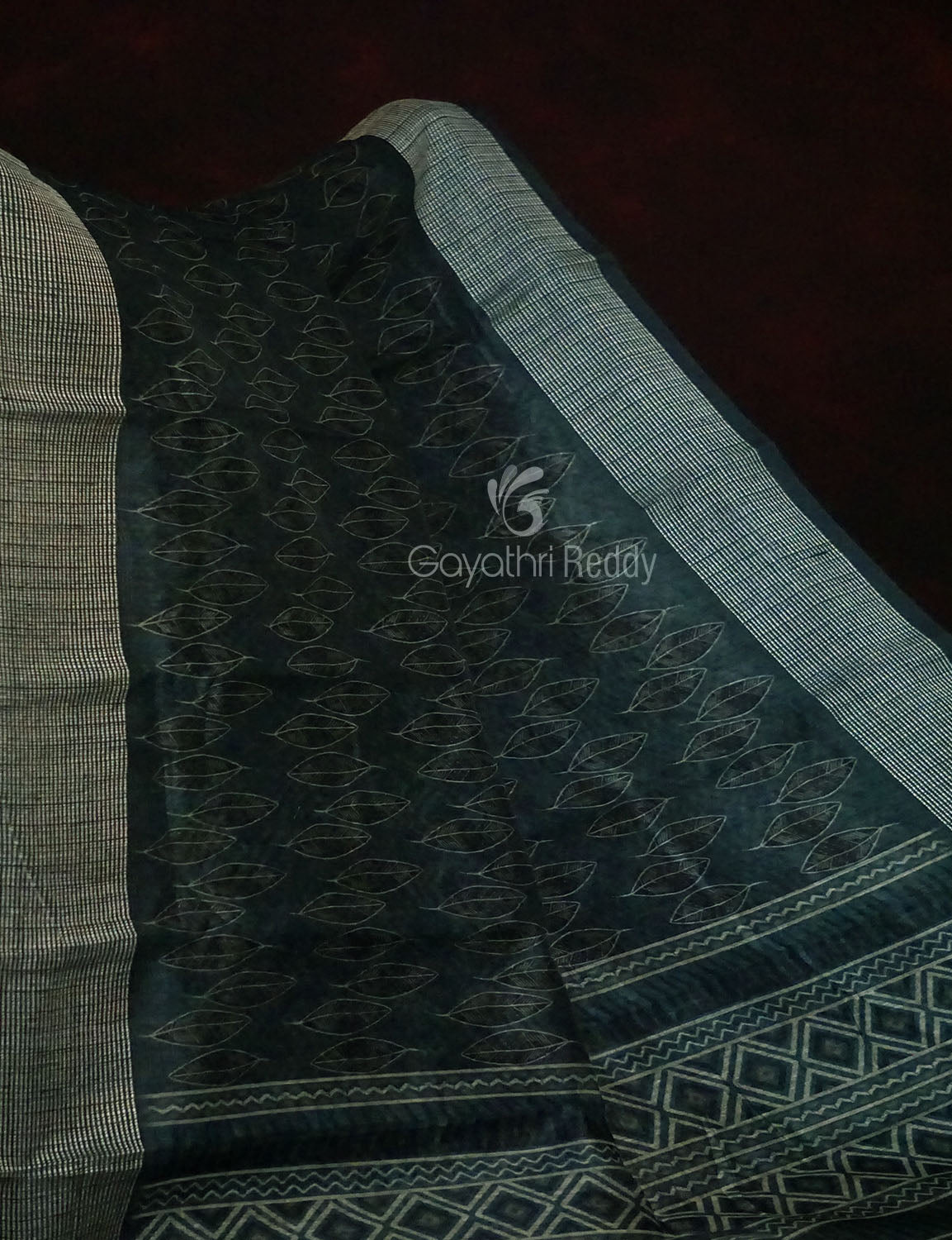 Grey Mixed Indigo Blue Colour Block Print Semi Chanderi Saree By Gayathri Reddy Designer Studio | Grocsy