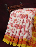 White Colored Elephant Block Print Pure Mulmul Cotton By Gayathri Reddy Designer Studio | Grocsy