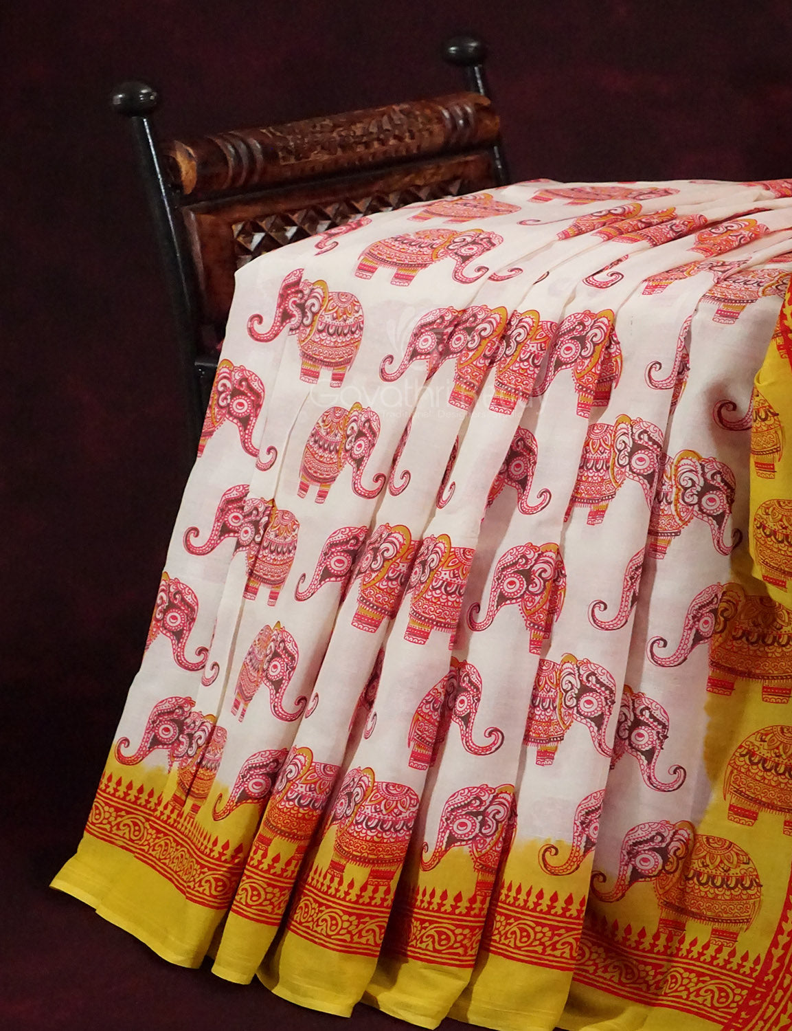 White Colored Elephant Block Print Pure Mulmul Cotton By Gayathri Reddy Designer Studio | Grocsy