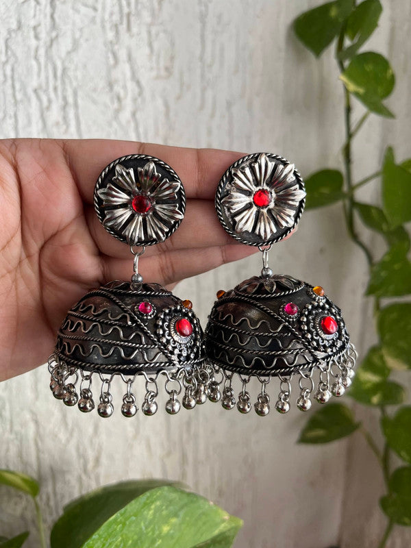 Tehzeeb Creations Women's Oxidised Bareilly Wali Jhumki With Multi Kundan | Grocsy