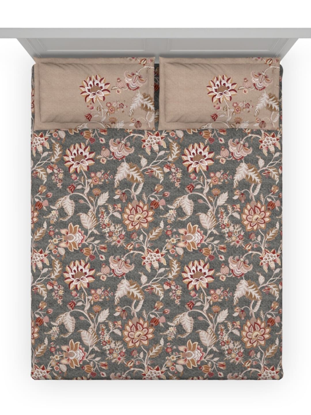 DDecor Grey & Maroon Ethnic Motifs 140 TC Cotton Queen Bedsheet with 2 Pillow Covers | Grocsy