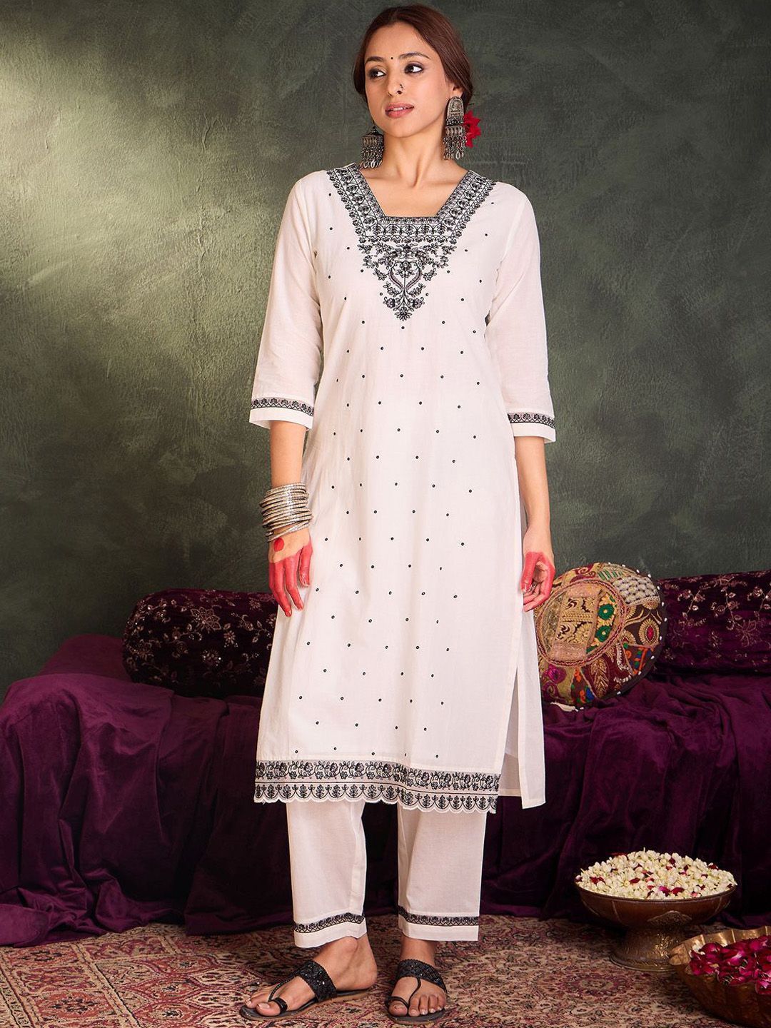 Indo Era Floral Embroidered Thread Work Pure Cotton Kurta With Trousers & Dupatta | Grocsy