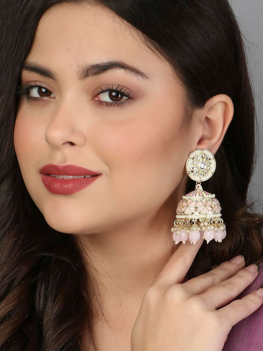 Meenakari Pink Jhumka Earrings By House of Ree - Swadesiicart