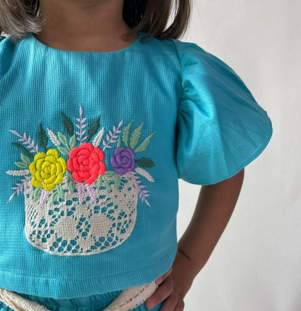 ArthLife Blue Flower Embroidered Co-Ord Set | Grocsy