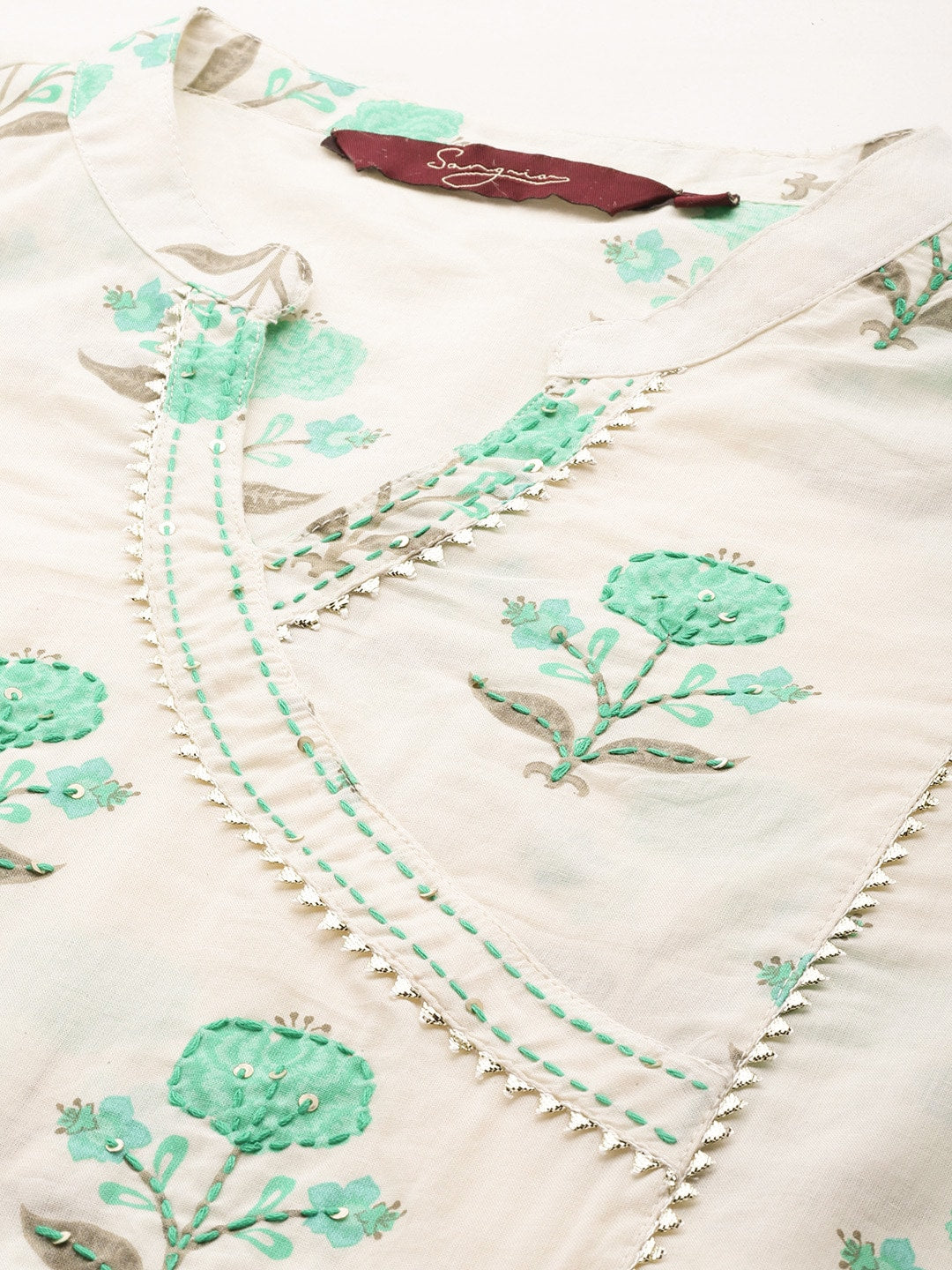 Sangria Floral Printed Angrakha Sequinned Pure Cotton Kurta With Trousers | Grocsy