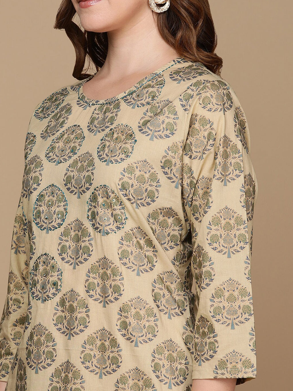 HERE&NOW Beige & Green Ethnic Motifs Printed Sequinned Thread Work Cotton Kurta | Grocsy