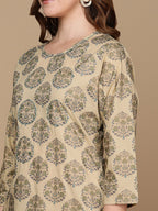 HERE&NOW Beige & Green Ethnic Motifs Printed Sequinned Thread Work Cotton Kurta | Grocsy