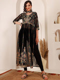 Sangria Black Ethnic Motifs Embroidered Round Neck Georgette Straight Kurta With Dupatta | Grocsy