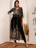 Sangria Black Ethnic Motifs Embroidered Round Neck Georgette Straight Kurta With Dupatta | Grocsy