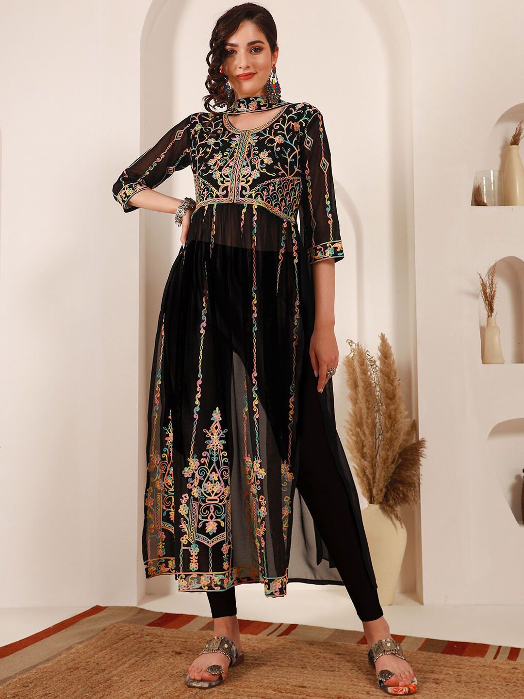Sangria Black Ethnic Motifs Embroidered Round Neck Georgette Straight Kurta With Dupatta | Grocsy