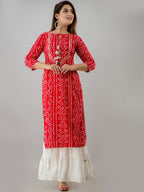 HERE&NOW Red & White Bandhani Printed Gotta Patti Straight Kurta | Grocsy
