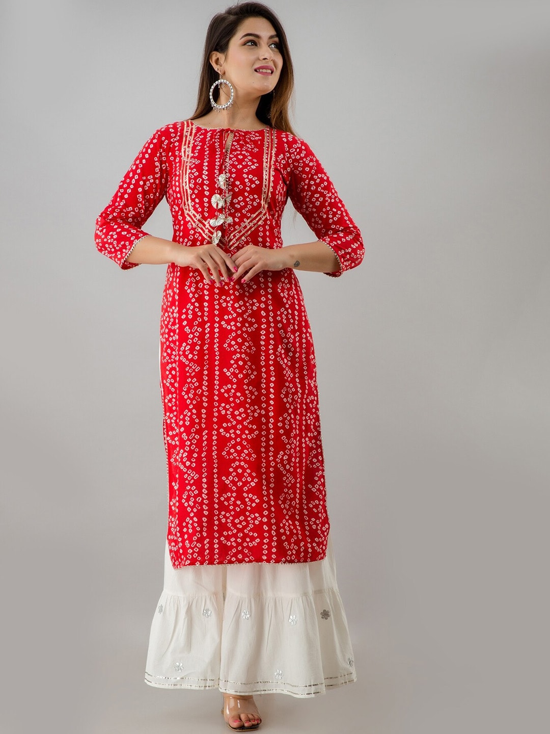 HERE&NOW Red & White Bandhani Printed Gotta Patti Straight Kurta | Grocsy