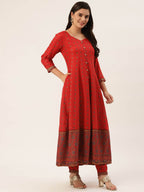 HERE&NOW Women Red Ethnic Motifs Printed Kurta with Trousers | Grocsy