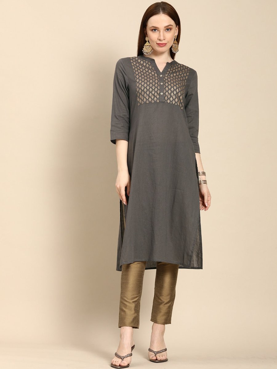 All About You Women Grey Ethnic Motifs Yoke Design Pure Cotton Kurta | Grocsy