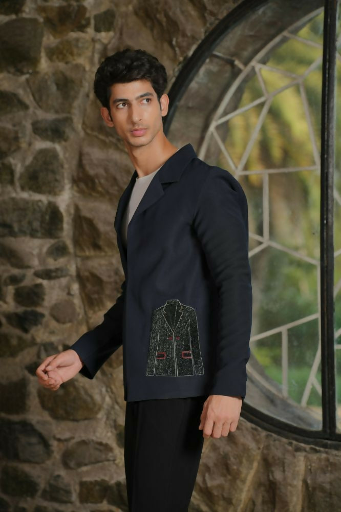 Noir Canvas Blazer – Black 4-Way Stretch Graphic Detail Suit For Men | Wedding & Party Wear by Hilo Design | Grocsy