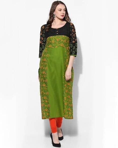 Cheera Hand Block Print Olive Green And Black Anarkali Kurta (MAAI-069K) | Grocsy