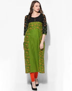 Cheera Hand Block Print Olive Green And Black Anarkali Kurta (MAAI-069K) | Grocsy