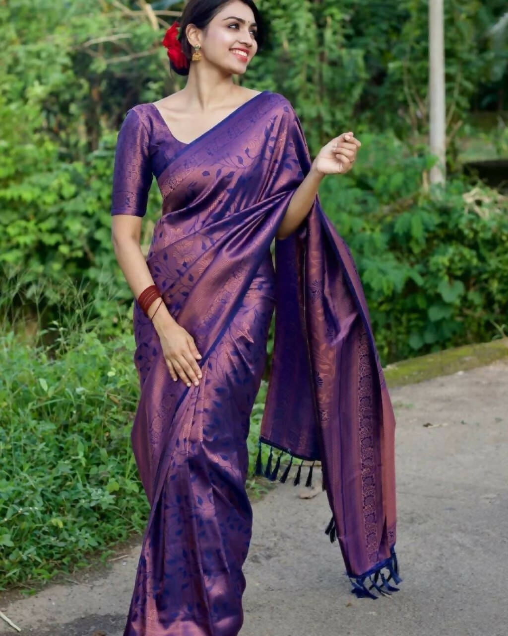DEIANA'S Beautiful Designer Golden zari Soft Lichi Silk Saree - Purple | Grocsy