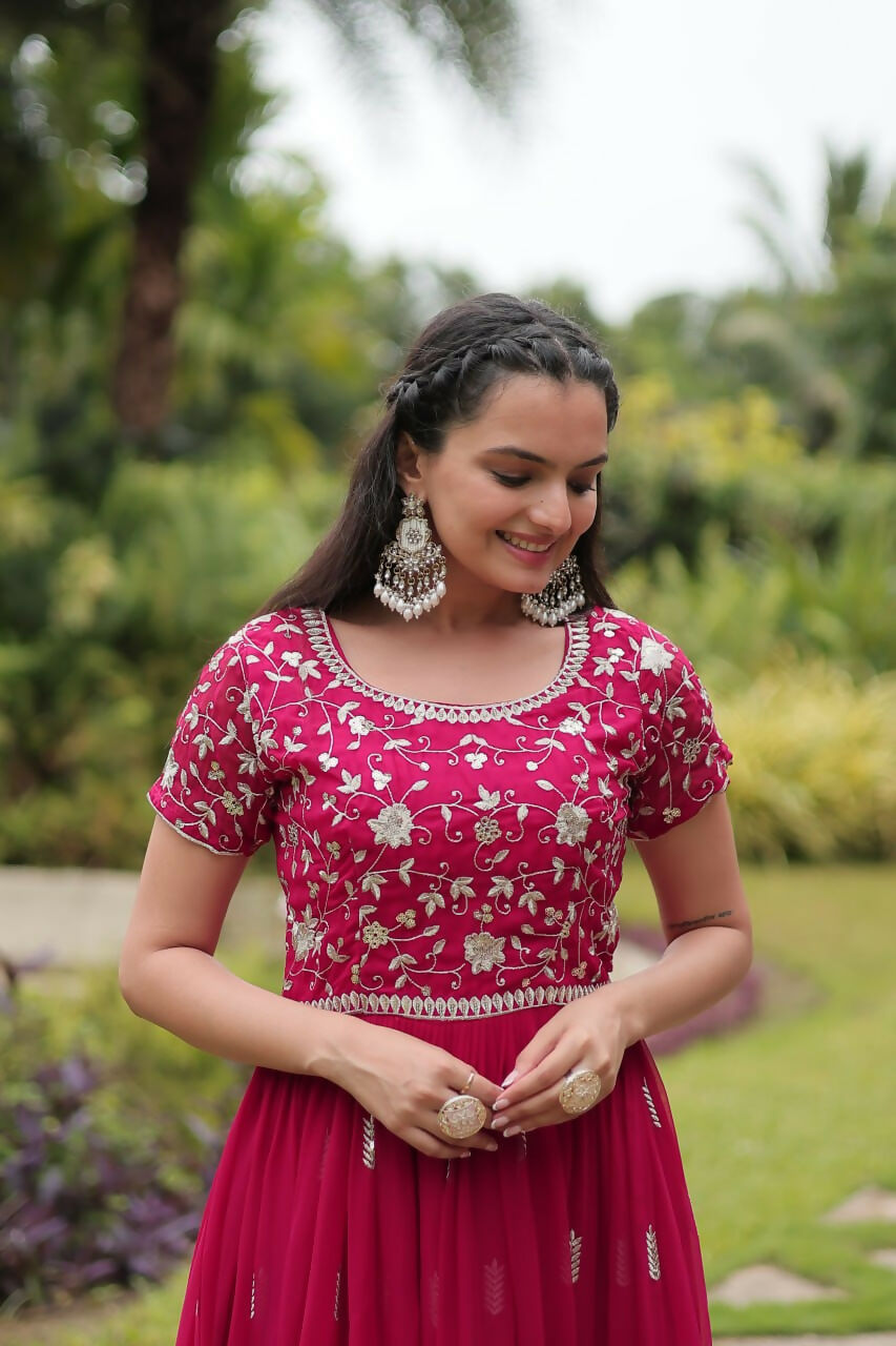 Vastranavya Premium Designer Faux Blooming with Embroidery Zari Sequins work Gown - Pink | Grocsy