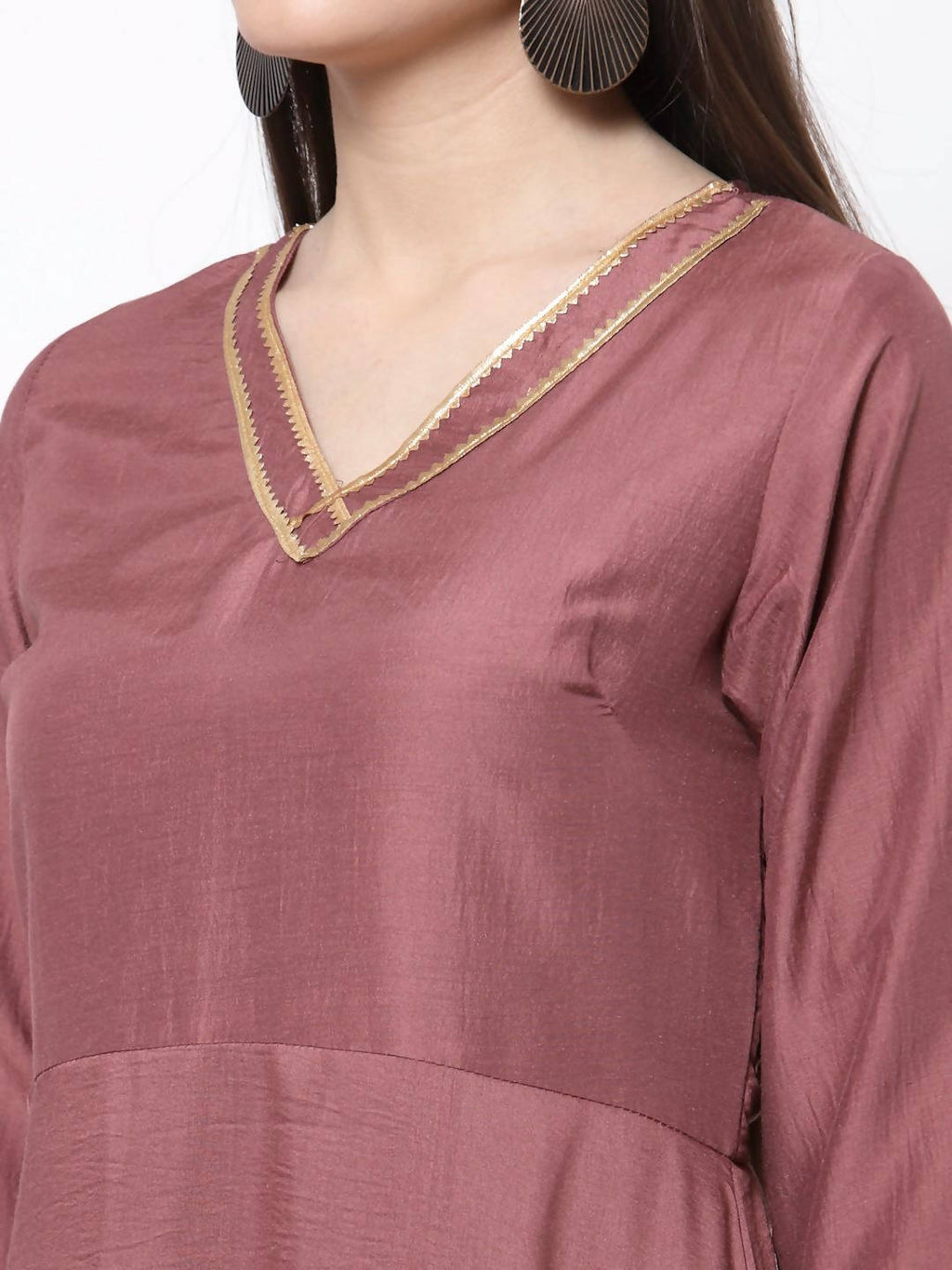 Myshka Women's Dark Pink Cotton Solid 3/4 Sleeve V Neck Casual Anarkali Kurta Dupatta Set | Grocsy