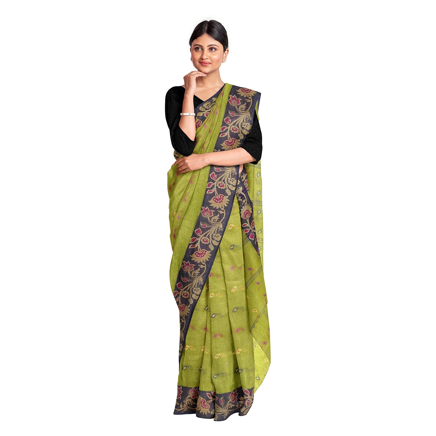 Exclusive Collection 100% Pure Cotton Light Green Tant Saree With Hand Weaving Work | Grocsy