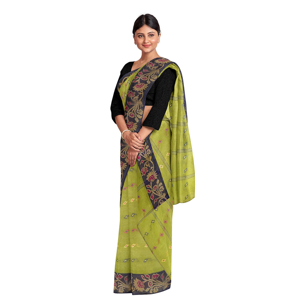 Exclusive Collection 100% Pure Cotton Light Green Tant Saree With Hand Weaving Work | Grocsy