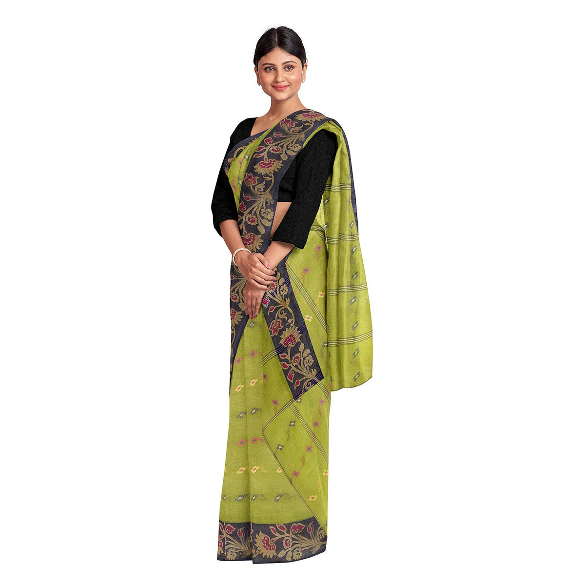 Exclusive Collection 100% Pure Cotton Light Green Tant Saree With Hand Weaving Work | Grocsy