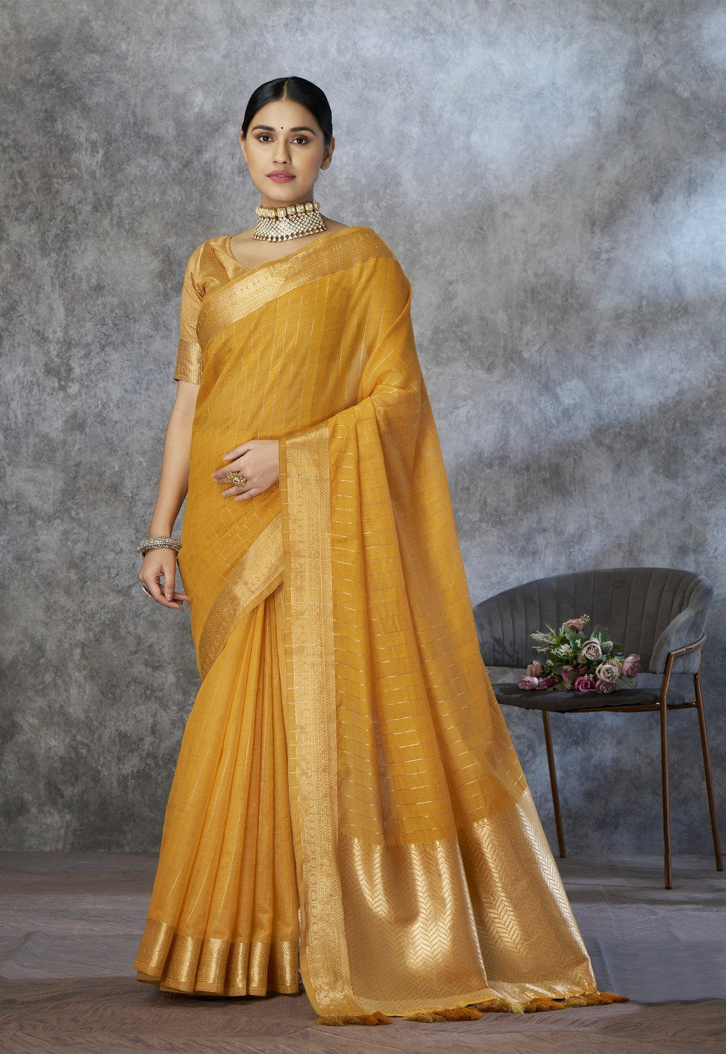 Anaita Mustard Cotton Silk Zari Woven Work Saree With Blouse Piece | Grocsy