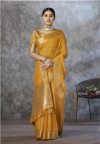 Anaita Mustard Cotton Silk Zari Woven Work Saree With Blouse Piece | Grocsy