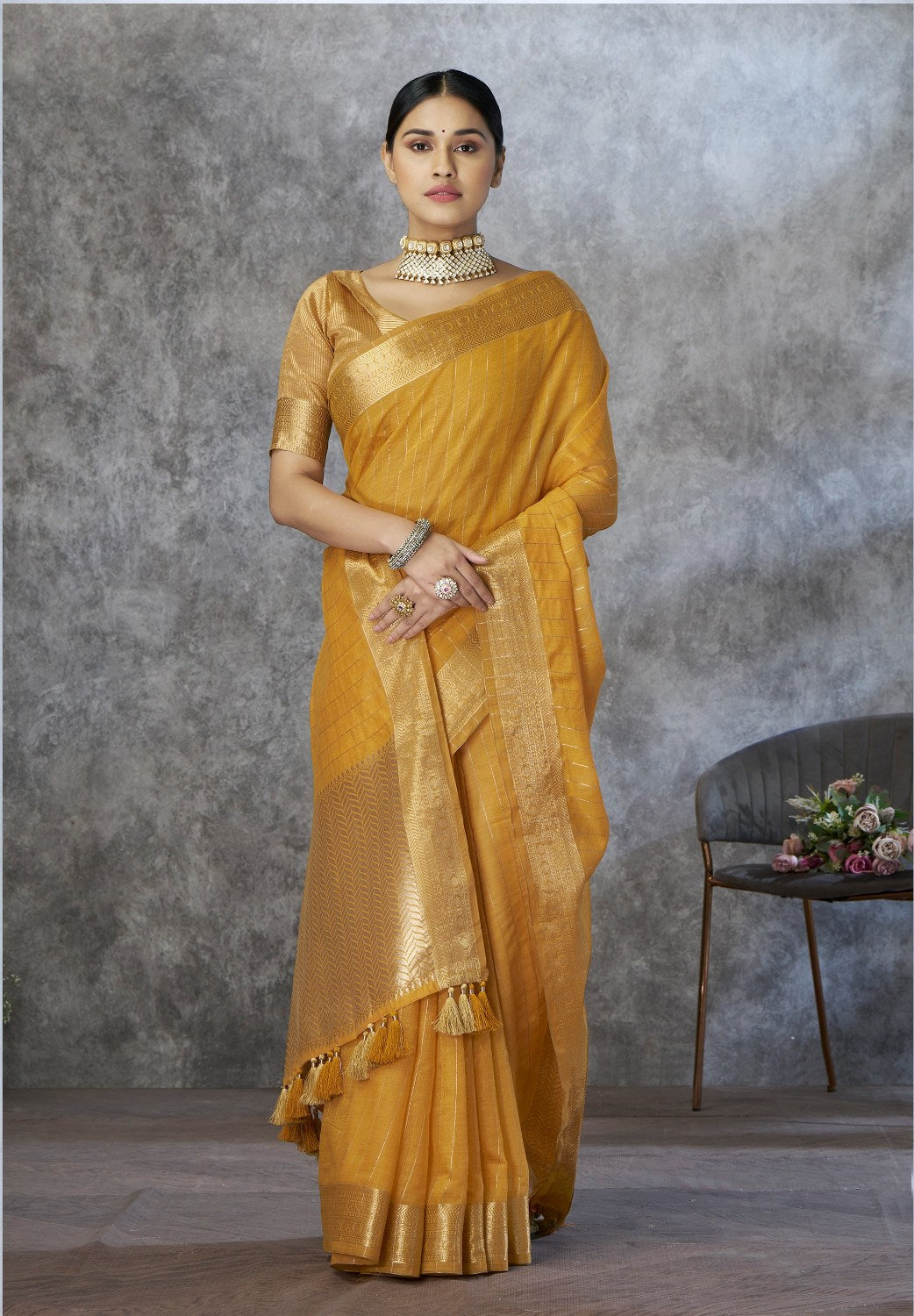 Anaita Mustard Cotton Silk Zari Woven Work Saree With Blouse Piece | Grocsy