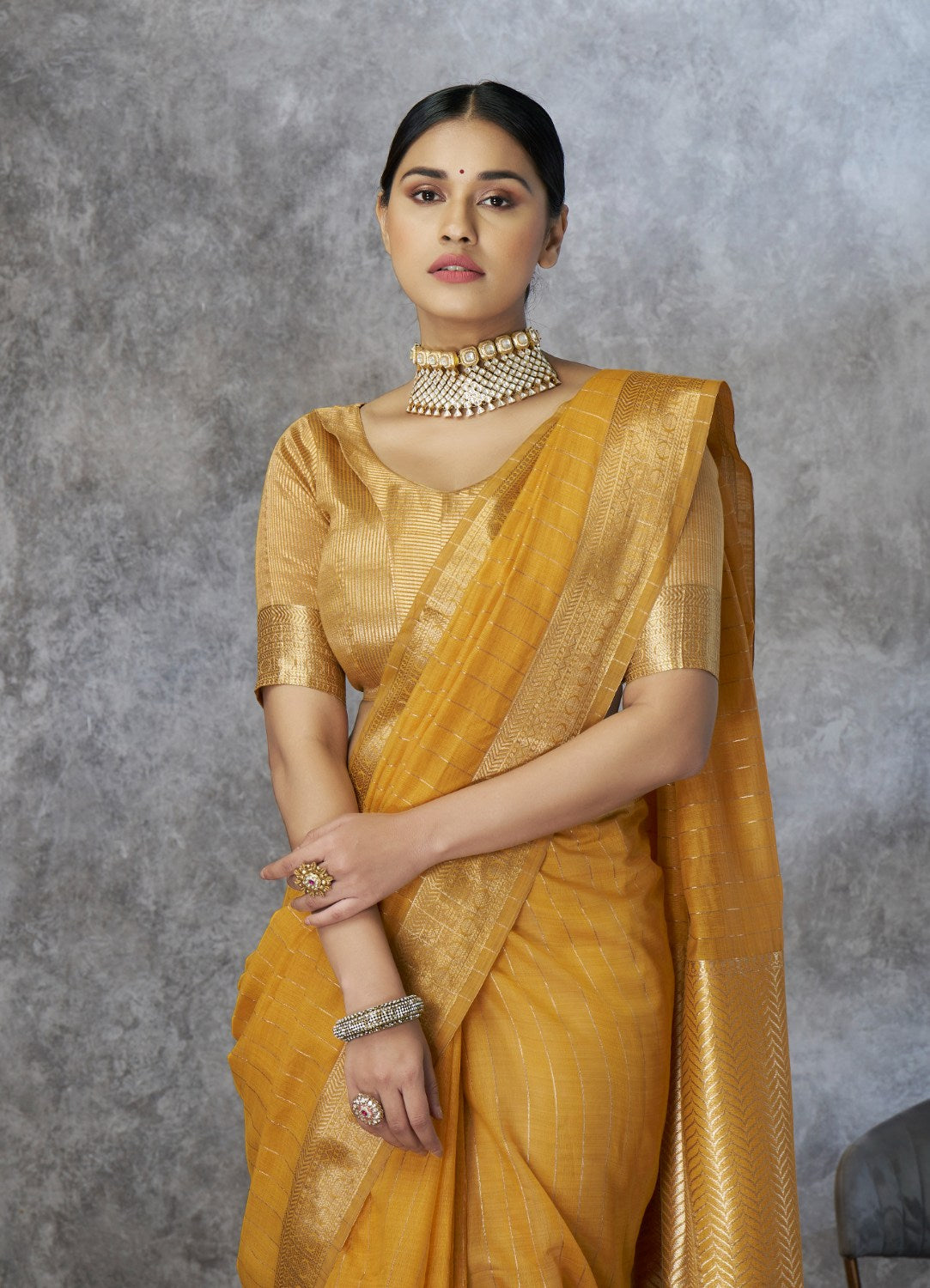 Anaita Mustard Cotton Silk Zari Woven Work Saree With Blouse Piece | Grocsy