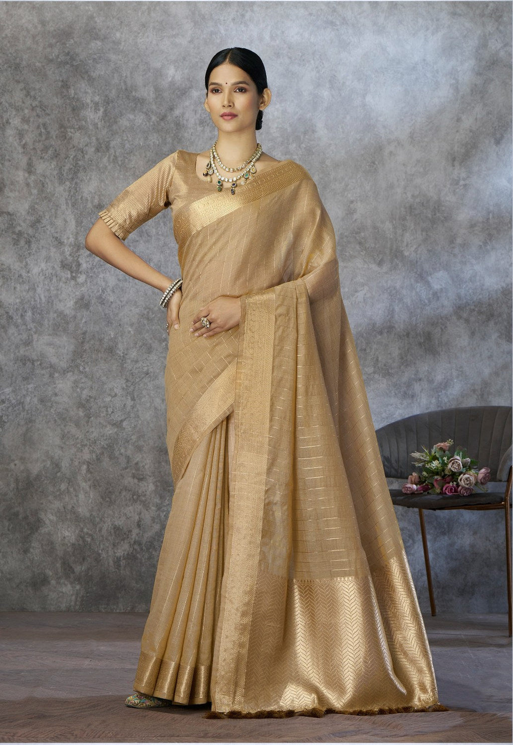 Anaita Dark Beige Cotton Silk Zari Woven Work Saree With Blouse Piece | Grocsy