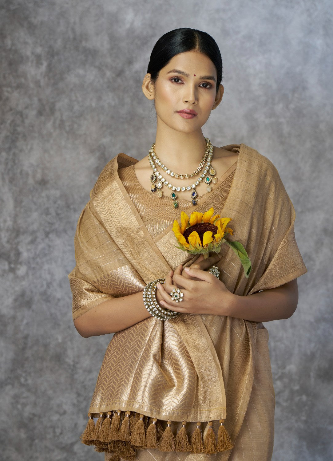 Anaita Dark Beige Cotton Silk Zari Woven Work Saree With Blouse Piece | Grocsy