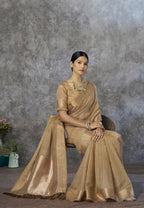 Anaita Dark Beige Cotton Silk Zari Woven Work Saree With Blouse Piece | Grocsy