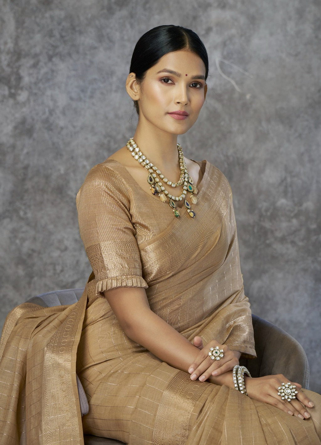 Anaita Dark Beige Cotton Silk Zari Woven Work Saree With Blouse Piece | Grocsy