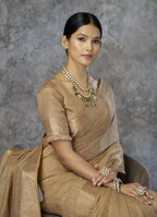 Anaita Dark Beige Cotton Silk Zari Woven Work Saree With Blouse Piece | Grocsy