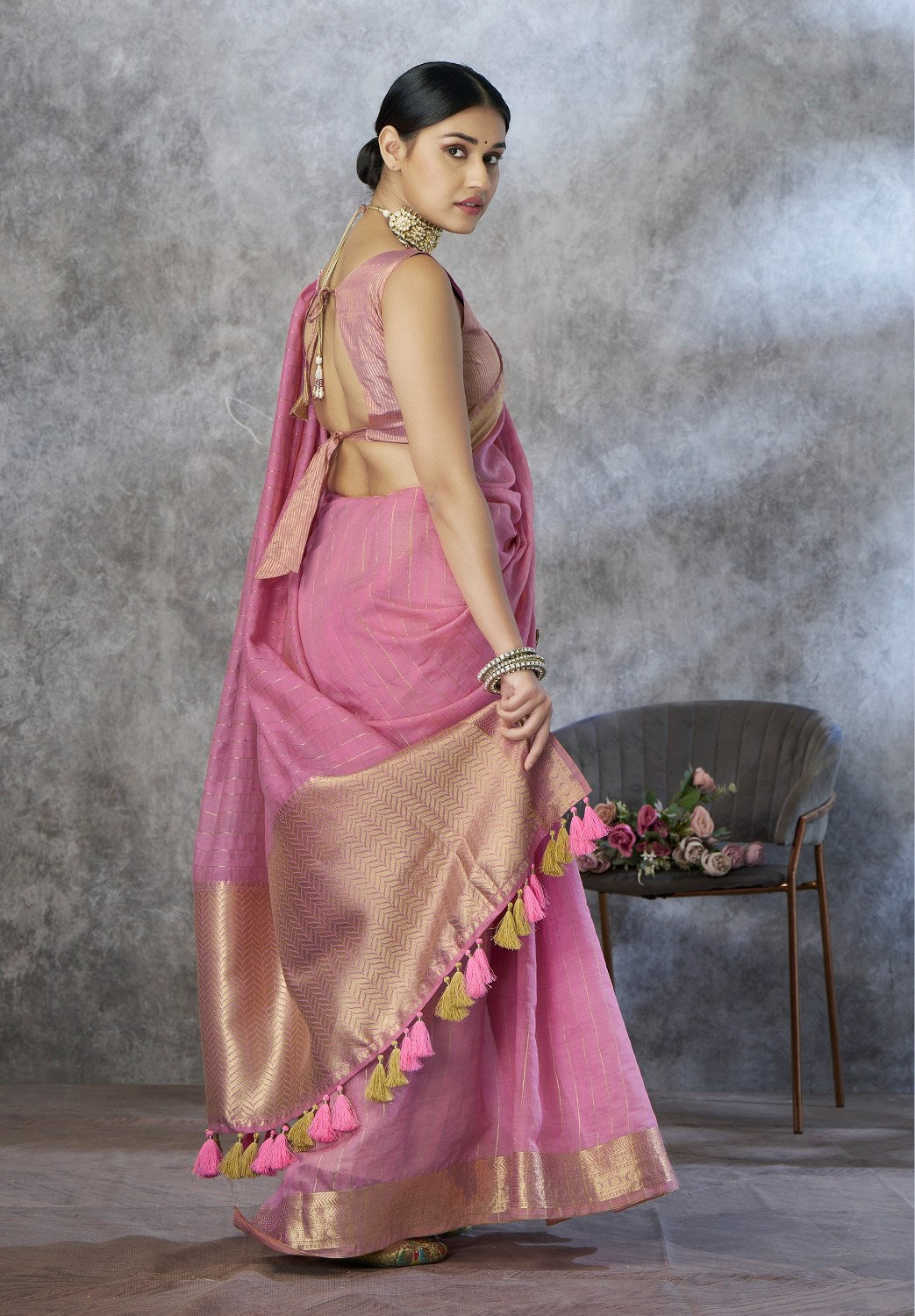 Anaita Pink Cotton Silk Zari Woven Work Saree With Blouse Piece | Grocsy
