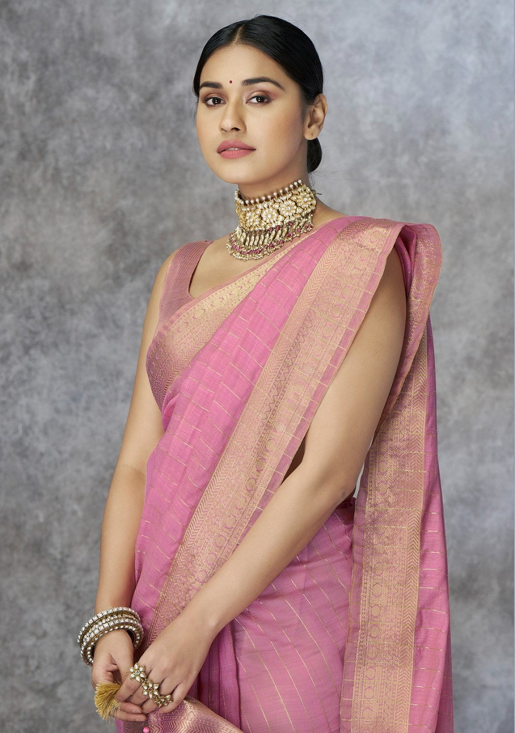 Anaita Pink Cotton Silk Zari Woven Work Saree With Blouse Piece | Grocsy