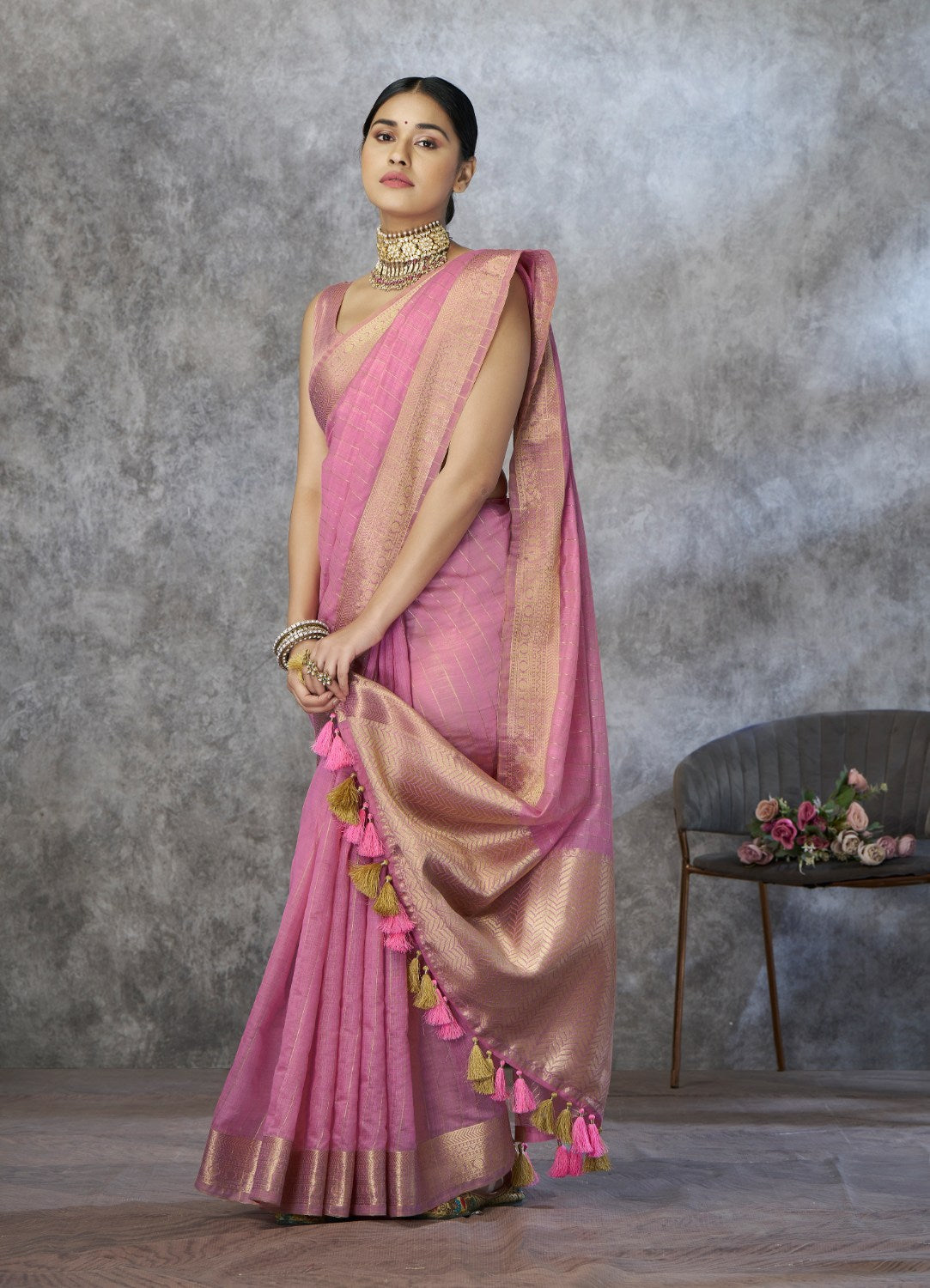 Anaita Pink Cotton Silk Zari Woven Work Saree With Blouse Piece | Grocsy