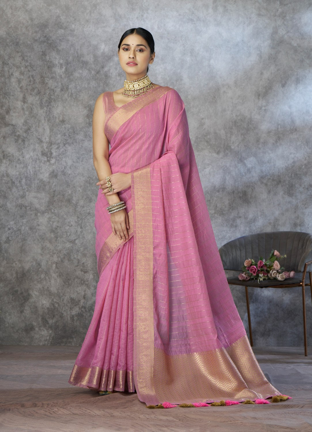 Anaita Pink Cotton Silk Zari Woven Work Saree With Blouse Piece | Grocsy